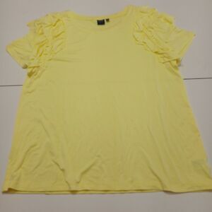 Kaari‎ Blue Womens Large Ruffled Shoulder Accent Sleeves Yellow Rayon Spandex
